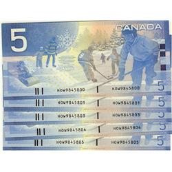 2005 $5 BC-62bA #HOW9845800,01,02,03,04,05,  Lot of 6 consecutive notes,  All UNC