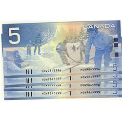 2005 $5 BC-62bA #HOW9845996,97,98,99,  Lot of 4 consecutive notes,  All UNC