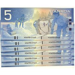 2005 $5 BC-62bA #HOW9840960,61,62,63,64,65,  Lot of 6 notes,  All UNC