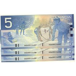 2005 $5 BC-62bA #HOH9915497,98,99,  Lot of 3 consecutive notes.  All UNC,