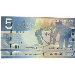 2006 $5 BC-67aA #AOK1994149,50,  Lot of 2 consecutive notes,  All UNC