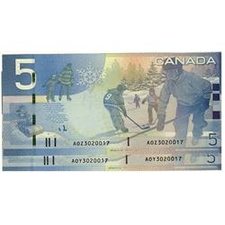 2002 $5 BC-67a.  Lot of 2 notes with same serial number #AOZ3020017 & AOY3020017.  Both Gems.