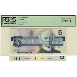 SOLID, 1986 $5 BC-56b EPD1111111 PCGS UNC67PPQ.  A perfect example.