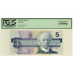 SOLID, 1986 $5 BC-56a ENE6666666 PCGS UNC67PPQ.  A perfect example.