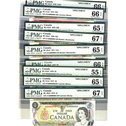 Lot of 9 SPECIMEN notes, 1973 $1 BC-46aS, PMG UNC67 EPQ, 1974 $2 BC-47aS PMG UNC65, 1979 $5 BC-53aS 