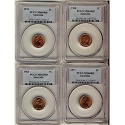 Australia 1968, 1970, 1977, 1983 1¢ ALL PCGS MS66RD.  Full red example.