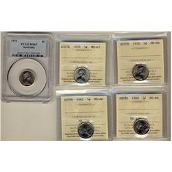 Australia 1975 5¢ PCGS MS65, 1976 ICCS MS66, 1979 ICCS MS67, 1980 ICCS MS66, 1982 ICCS MS66. All 5 c