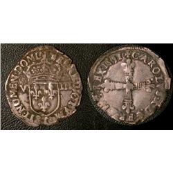 Huitième d' écu Nantes 1591  Fine or better