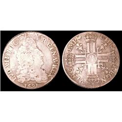 Quart d'écu aux huit L  1691  VG-F, lightly bent