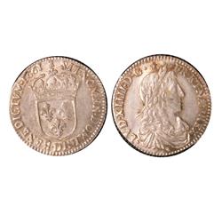 Douzième d'écu d'argent au buste juvénile  1661 AU or better. Lustrous.