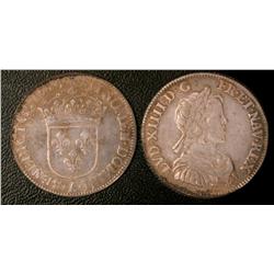 Quart d'écu d'argent a la mèche courte  1644  F-VF, lightly cleaned.