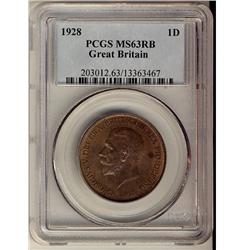 Great Britain 1928 1D PCGS MS63RB.  Nice hint of lustre.