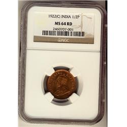 India 1922(C) ½P NGC MS64RD.  95% red with full lustre.