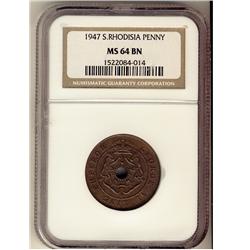 South Rhodesia 1947 Penny NGC MS64BN.  Lustrous brown example.
