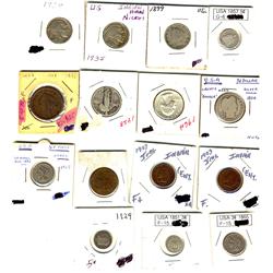 USA coinage Lot.  Includes 1855, 1903, 1907 1¢, 1865 2¢, 1851, 1865 & 1869 3¢, 1829, 1857, 1899, 193