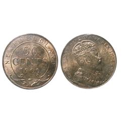 1909 Nfld 50¢ ICCS MS64.  Attractive golden tone with lots of underlying lustre. Tied for finest gra