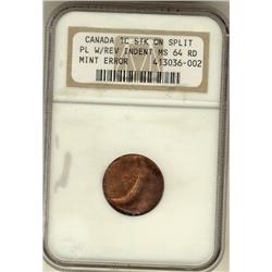 ERROR COIN.  1¢ Stuck on split PL with reverse Indent NGC MS64