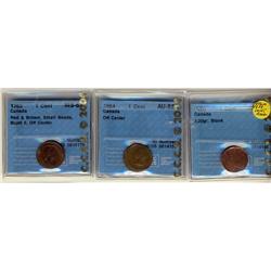 ERROR COINS.  1964 1¢ CCCS AU55 Off Center, 1965 1¢ CCCS  MS63 RB Small Beads Blunt 5 Off Center, Un