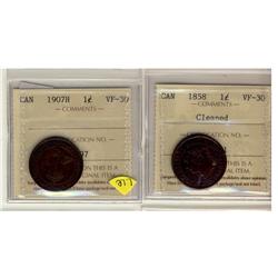 1858 & 1907H 1¢ ICCS VF30.  Lot of 2 coins with the 1858 designated Cleaned.