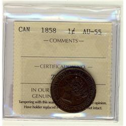 1858 1¢ ICCS AU55, lustrous brown