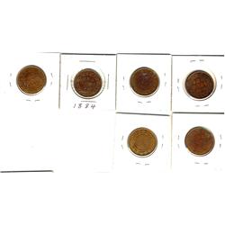 1859 N.9, 1876H, 1884 Obv.2, 1909, 1910, 1912 1¢, lot of 6 coins.  All MS60 with red lustre.  Possib