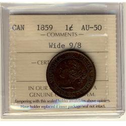 1859 Wide 9/8 1¢ ICCS AU50. Lustrous brown.