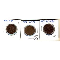 1859 DP N9 #1 VG10,  1859 W9/8 F12, 1859 N 9 1¢ VF20. Lot of 3  coins,