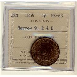 1859 Narrow 9 1¢ ICCS MS63 Red Brown