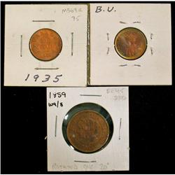 1859 W9/8, 1932 & 1935 1¢.  Lot of 3 coins AU to MS60++.  1859 and 1935 show light cleaning.