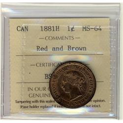 1881H 1¢ ICCS MS64 Red Brown. A tough date to find in Choice condition.