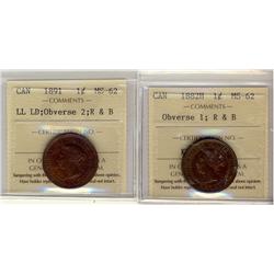 1882H Obv 1 & 1891 LLLD Obv 2 1¢ ICCS MS62RB.  Lot of 2 coins both MS62RB.