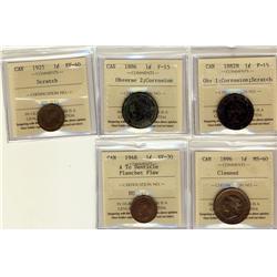 1882H Obv 1& 1886 Obv 2 F15 and 1896 MS60, 1925 EF40 & 1948 A To Dent 1¢.  Lof of 5 coins all ICCS g