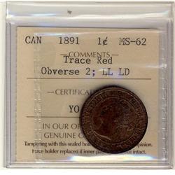 1891 1¢ LLLD Obv 2 ICCS MS62 Trace Red