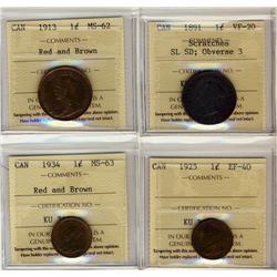 1891SDSL Obv 3 VF20, 1913 MS62RB, 1925 EF & 1934 1¢ MS63RB.  Lot of 4 coins all ICCS graded.