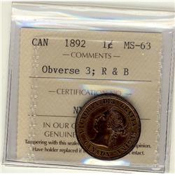1892 1¢ Obv 3 ICCS MS63 RB