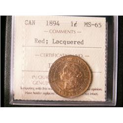 1894 1¢ ICCS MS65RD, 85% Red, a nice example.  Lightly lacquered to preserve its colour.