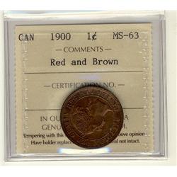 1900 1¢ ICCS MS63 RB, a decent example with good lustre.