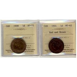 1901 MS62RB & 1908 AU55 1¢.  Lot of 2 ICCS graded coins.