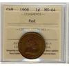Image 1 : 1908 1¢ ICCS MS64RD. 75% red with lustre.