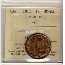 1911 1¢ ICCS MS64RD.  Lustrous red.