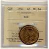 Image 1 : 1911 1¢ ICCS MS64RD.  Lustrous red.