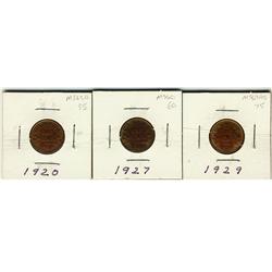 1920, 1927, 1929 1¢, all MS60 with red lustre. Possibly cleaned.