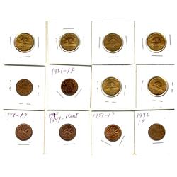 1921 1¢ to 1942 5¢.  Lot of 12 coins including 1921 1¢, 1928, 1936, 1947, 1951 & 1942(6) 5¢.  AU to 