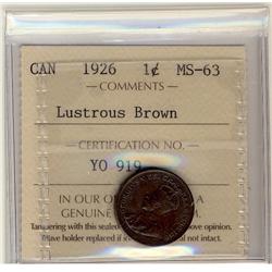 1926 1¢ ICCS MS63 Lustrous Brown