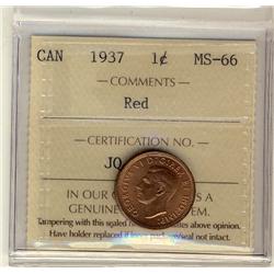 1937 1¢ ICCS MS66 Full Red, A superb GEM example.