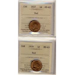 1937, 1938, 1939, 1940 1¢ all ICCS MS65 Red. Lot of 4 coins.