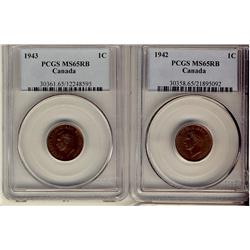 1942 & 1943 1¢ PCGS MS65RB"  Lot of 2 coins.