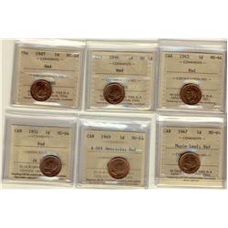 1945, 1946, 1947, 1947 ML, 1949 A off, 1951 1¢, lot of 6 coins.  All ICCS MS64 Red.