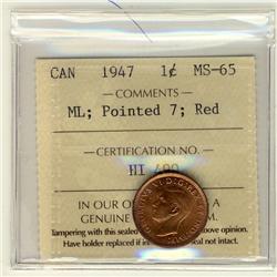 1947 1¢ ML Ptd 7 ICCS MS65 Red.