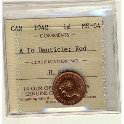 1948 1¢ A to Denticle ICCS MS64 Red